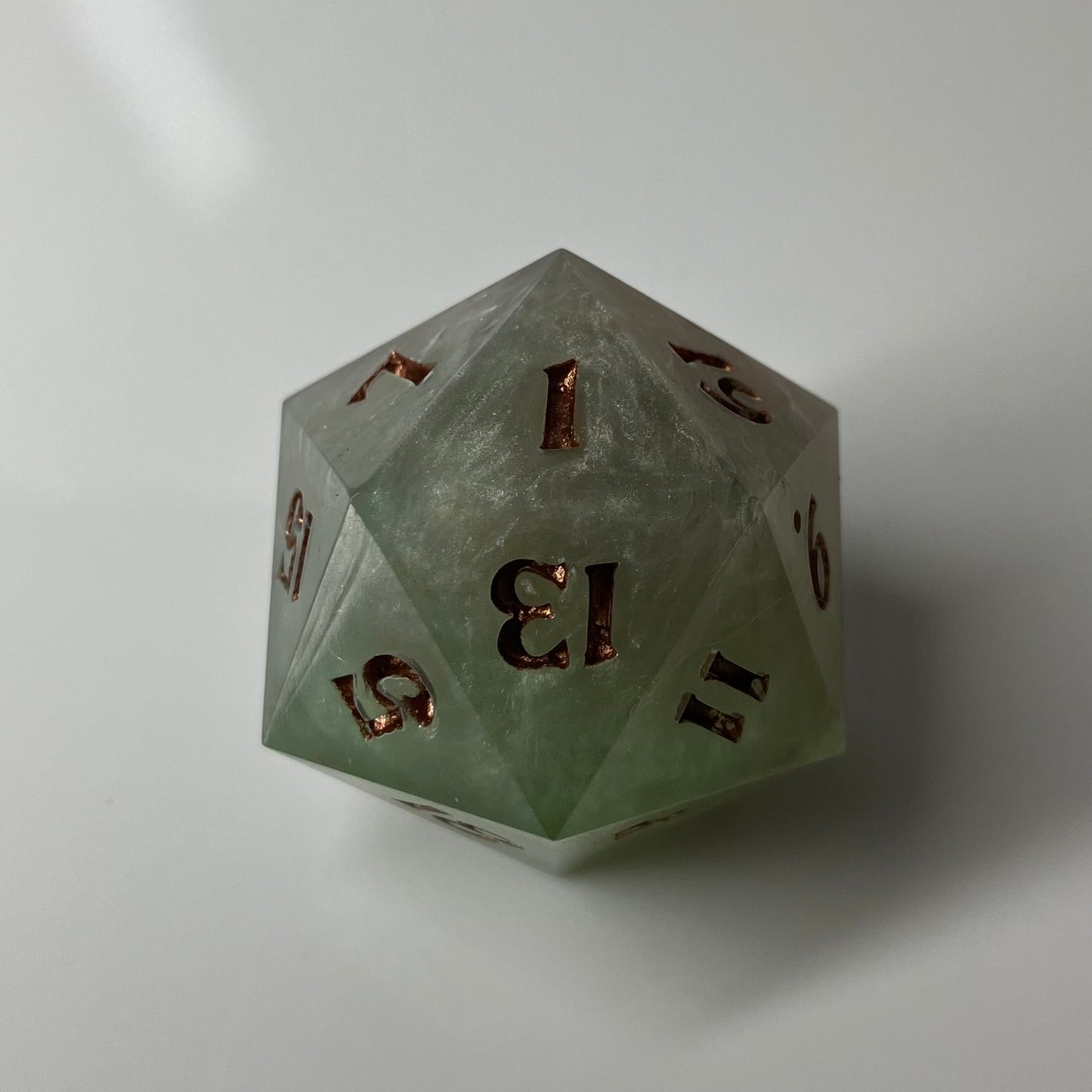 24mm Large d20 with Bee, silver clouds seem to move in a sage green die