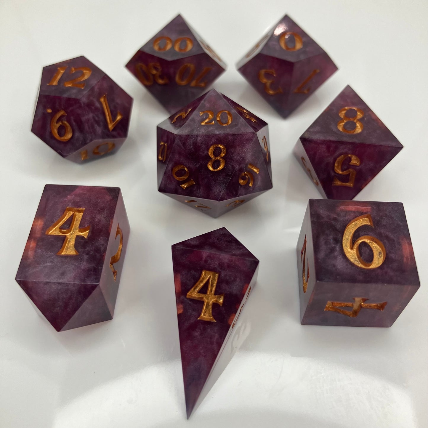 Garnet look resin cast dice with gold numbers