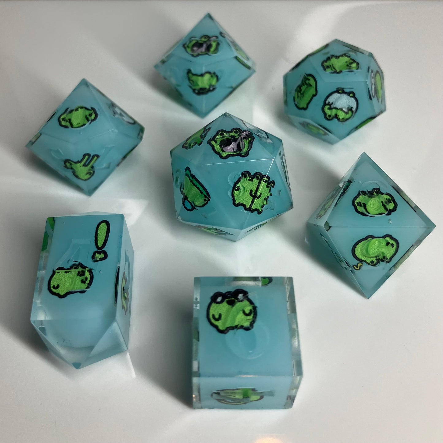 Emotional frogs on teal dice for dnd and pathfinder