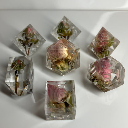 Pink Roses 7 piece dice set