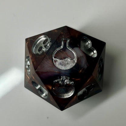 Copper, marble and silver come together in this hand made d20