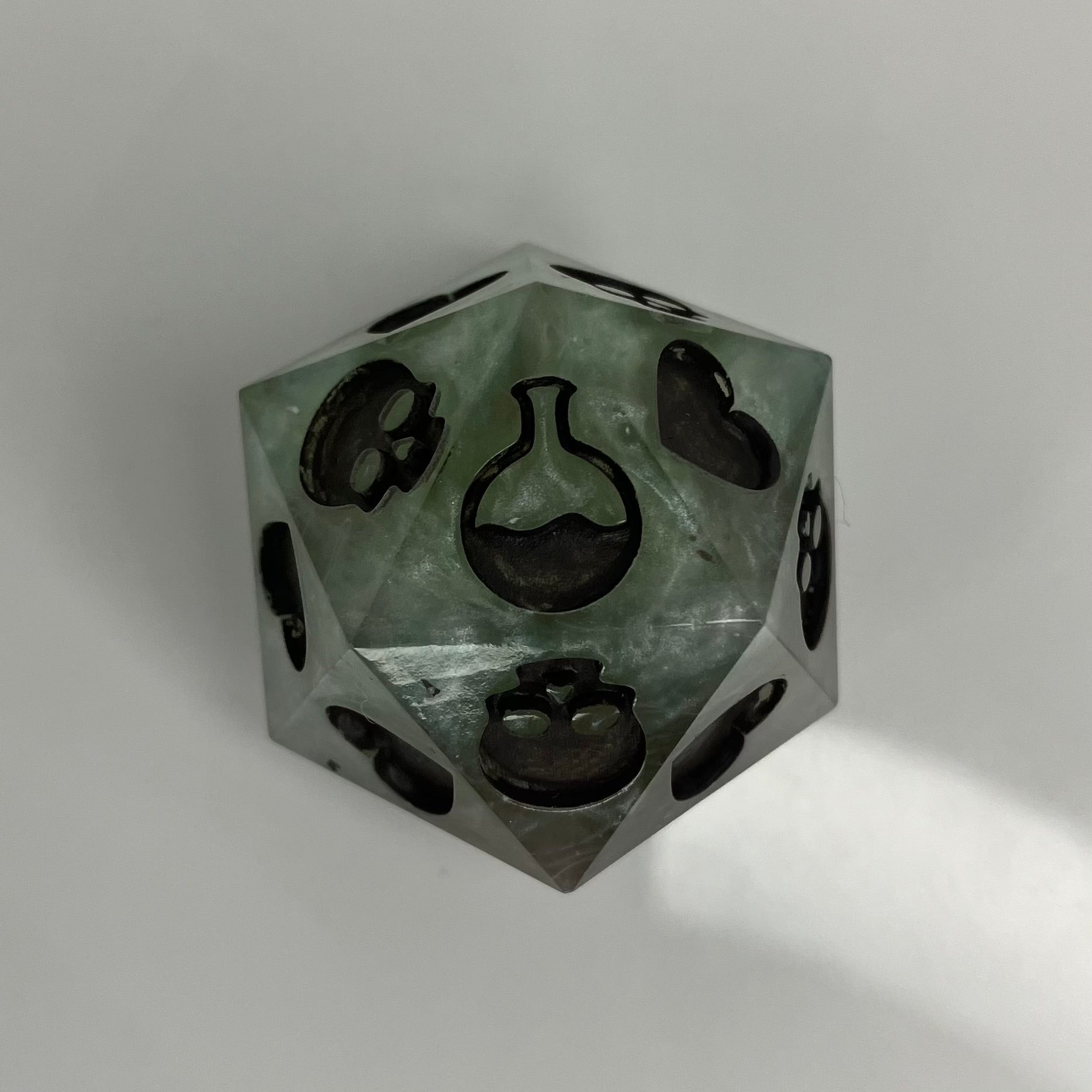 Resin d20 for dnd death saves silver and green