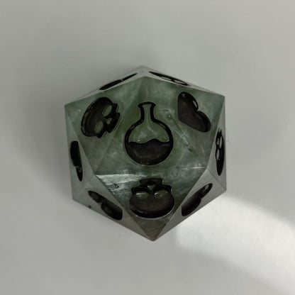 Resin d20 for dnd death saves silver and green