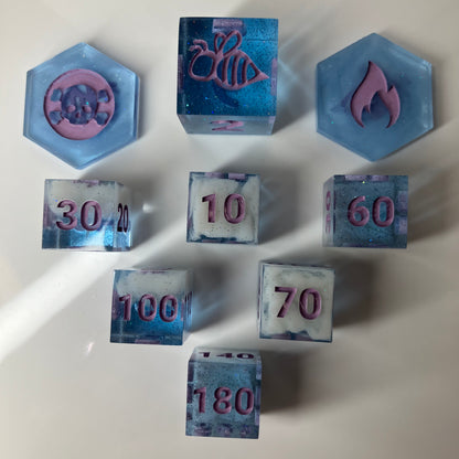 Set of blue and purple dice with clouds for Pokemon TCG
