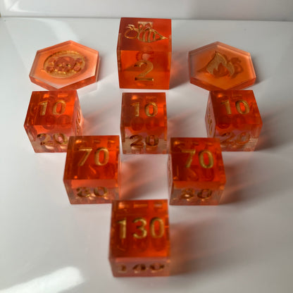 Fire orange dice set with gold numbers for the Pokemon TCG