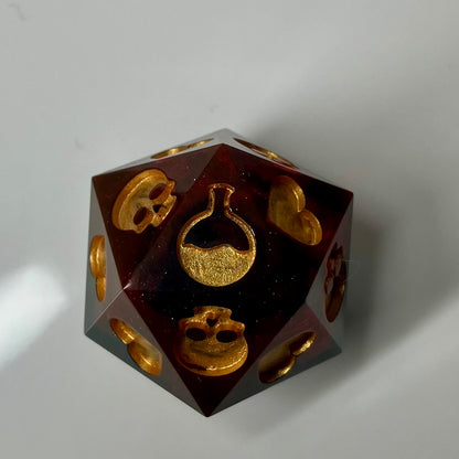 translucent red with wisps of black d20 death save with hand painted symbols