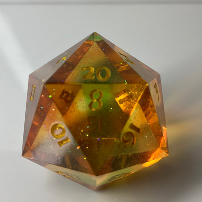 30mm d20 chunk with an orange to green gradient and it sparkles