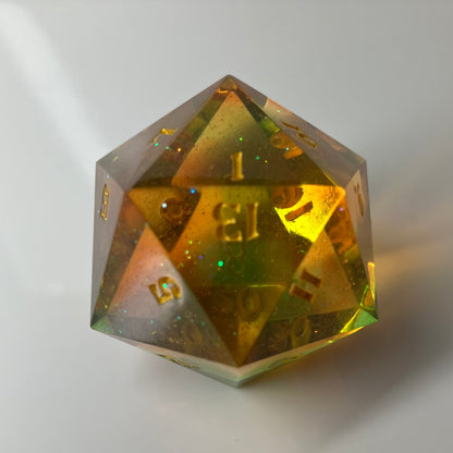 30mm d20 chunk with an orange to green gradient and it sparkles