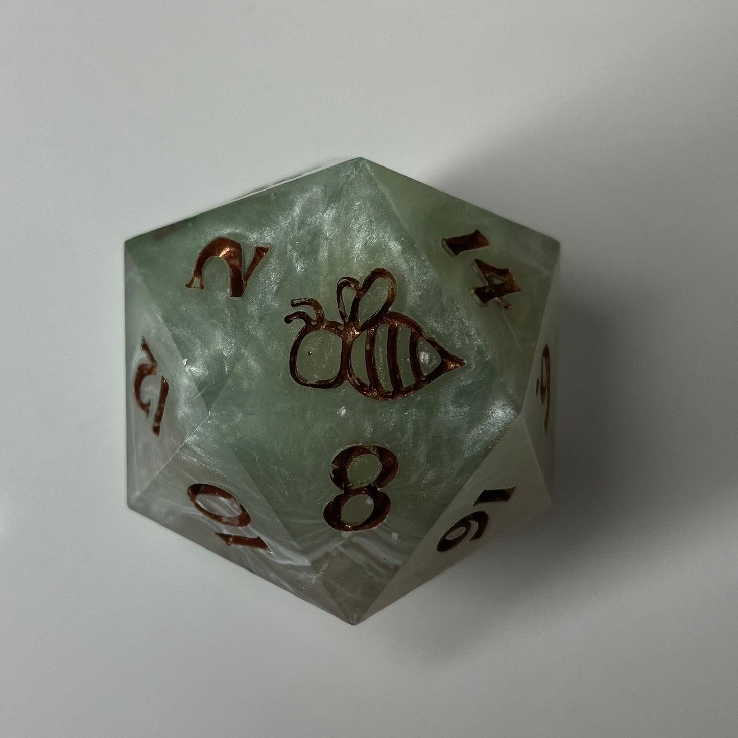 24mm Large d20 with bee on the 20 sage green with silver accents