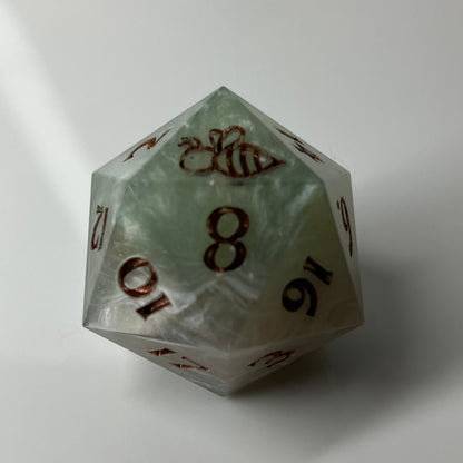 24mm Large d20 with Bee Logo. sage green with silver accents that seem to move