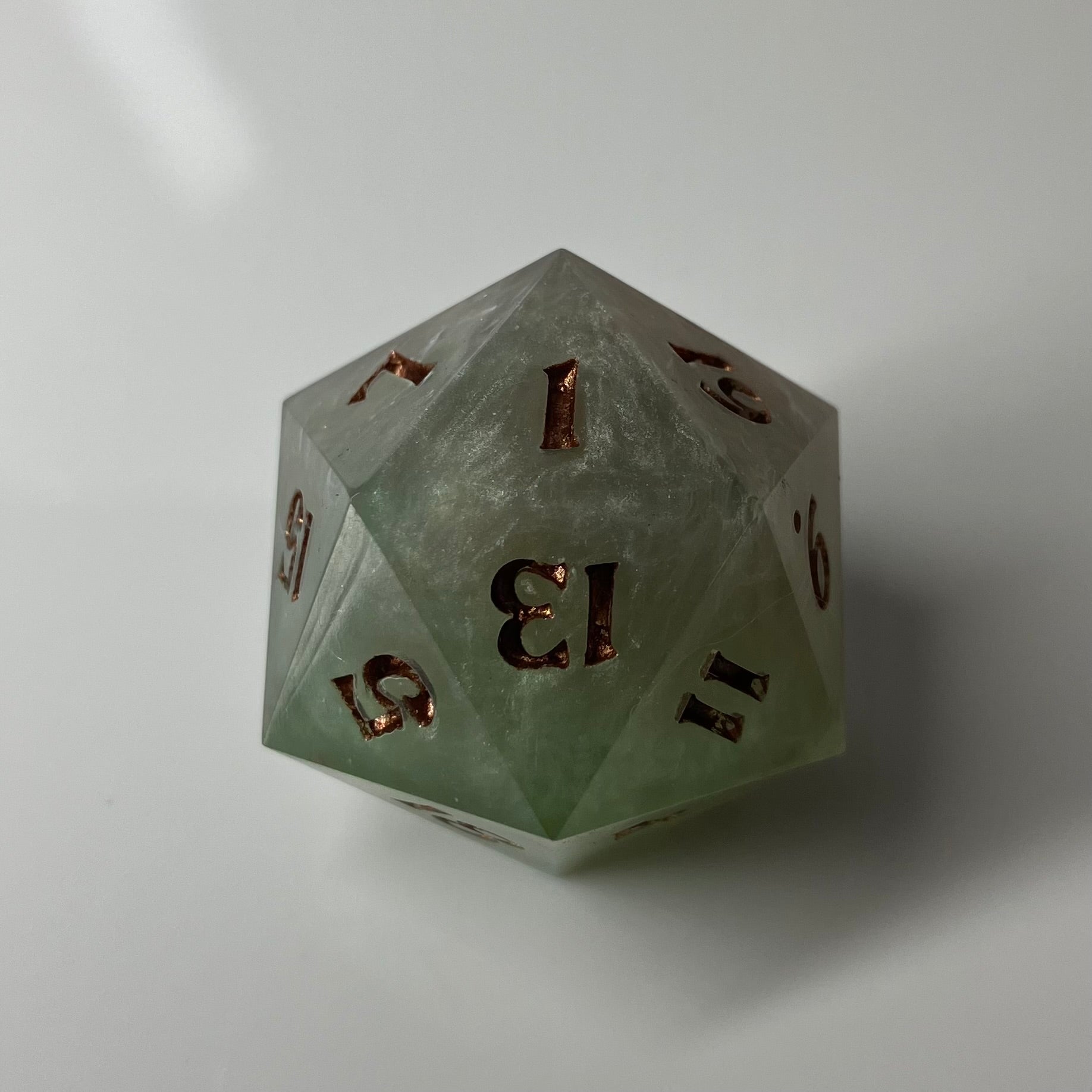 24mm Large d20 with Bee, silver clouds seem to move in a sage green die