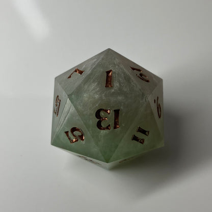 24mm Large d20 with Bee, silver clouds seem to move in a sage green die