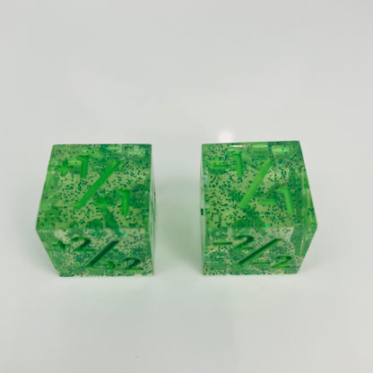 Two green marble-patterned dice for use with MTG