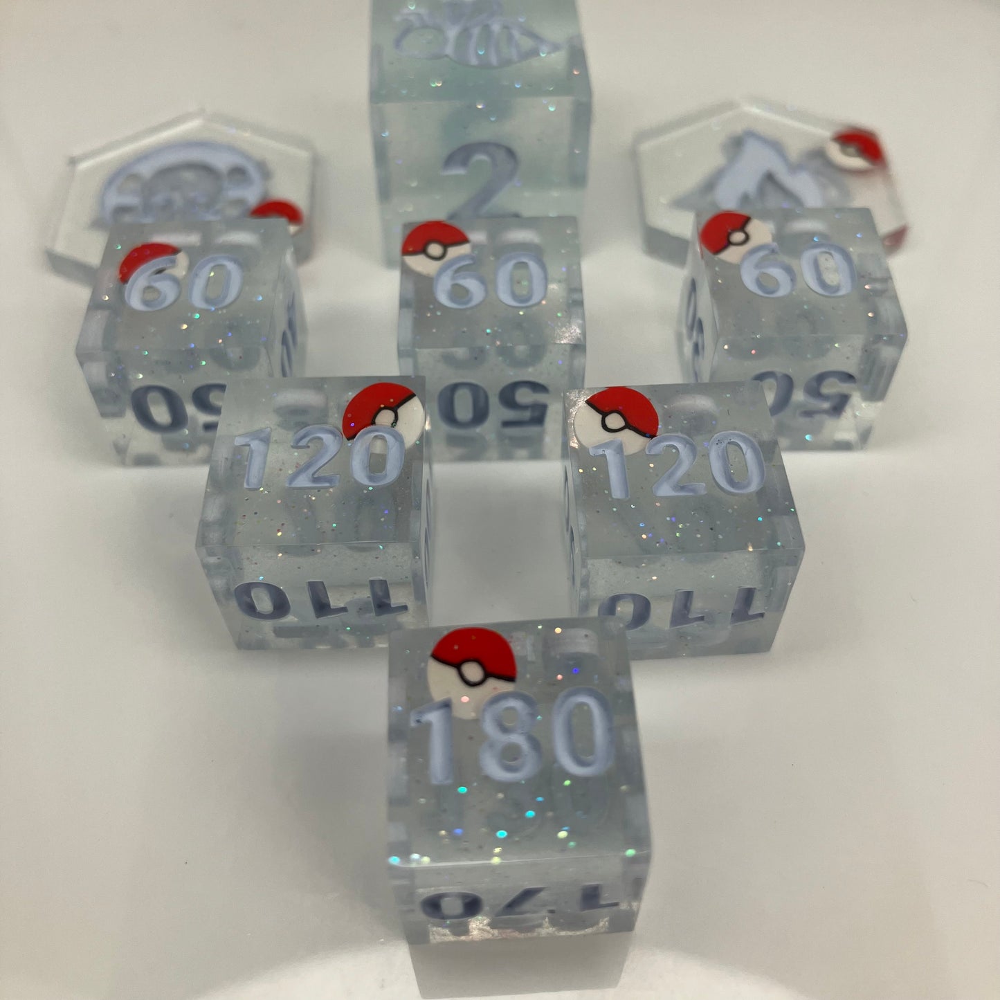 6 sided dice with pokeballs for damage tracking in pokemon tcg