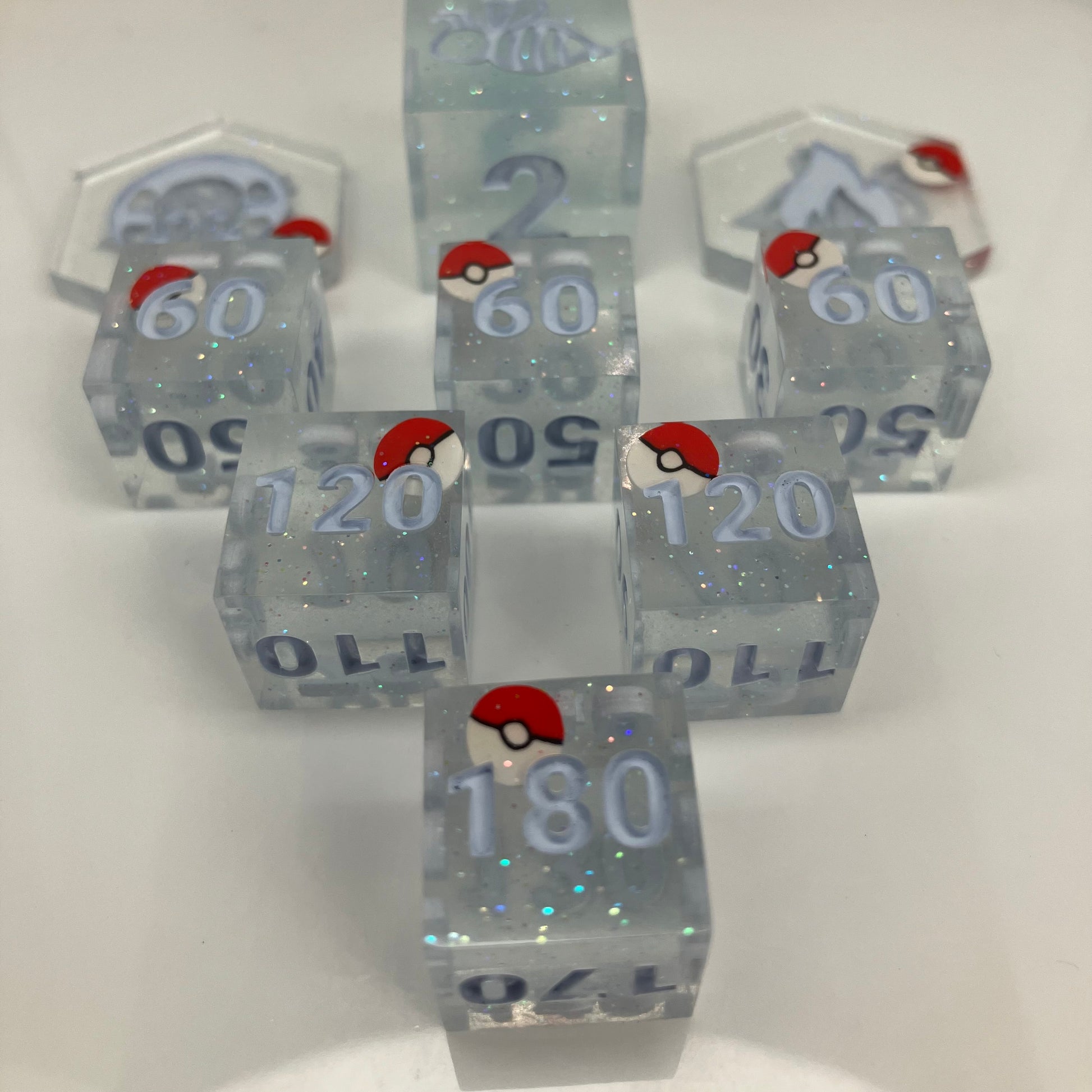 6 sided dice with pokeballs for damage tracking in pokemon tcg