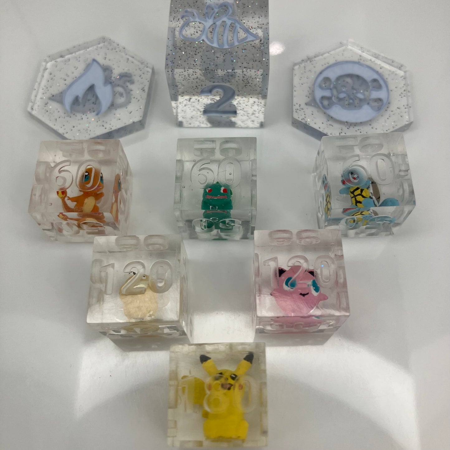Hand painted pokemon set in clear dice