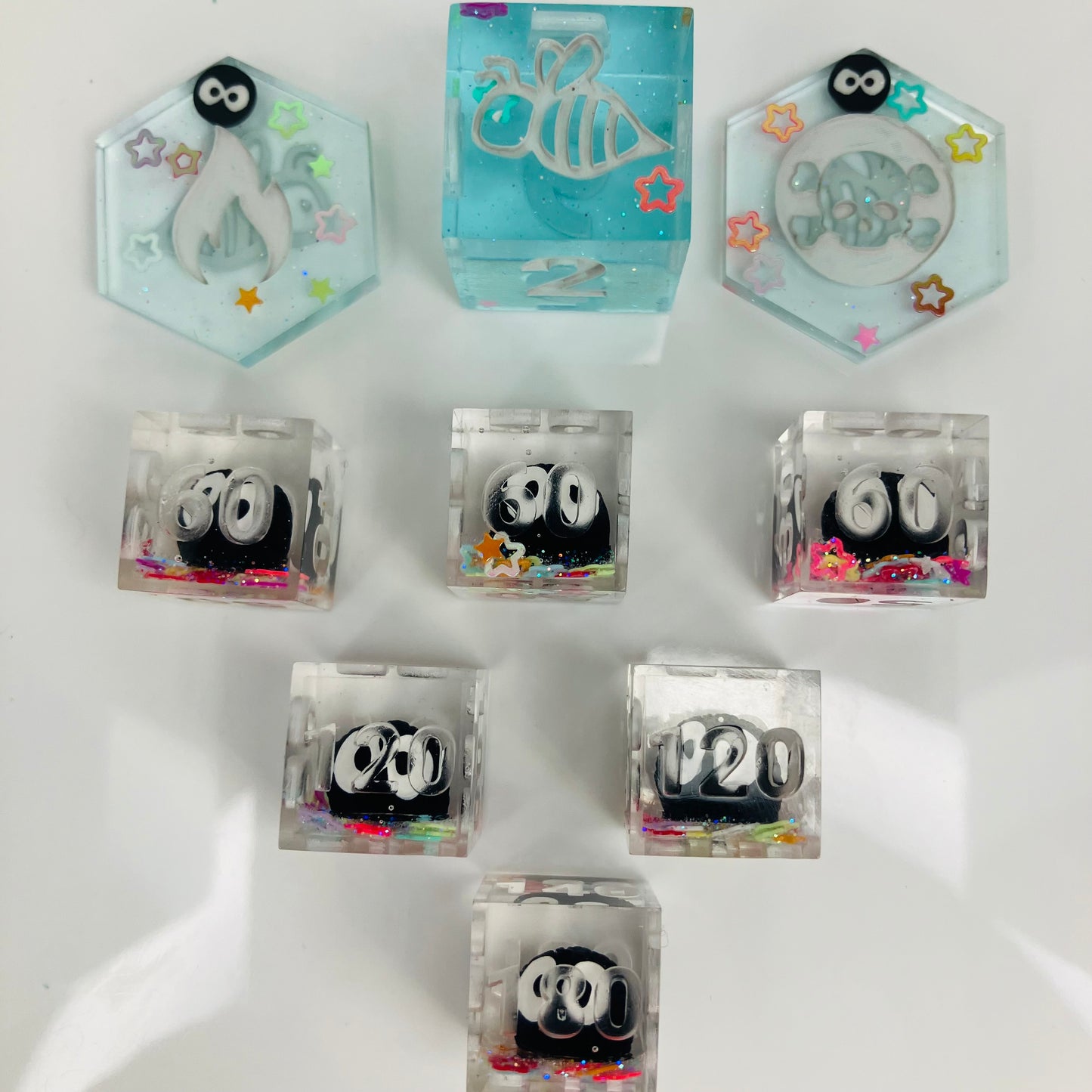 clear dice with soot sprites for use with pokemon tcg