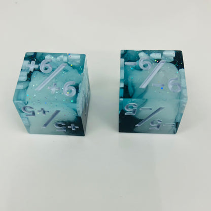 Two blue dice with numbers
