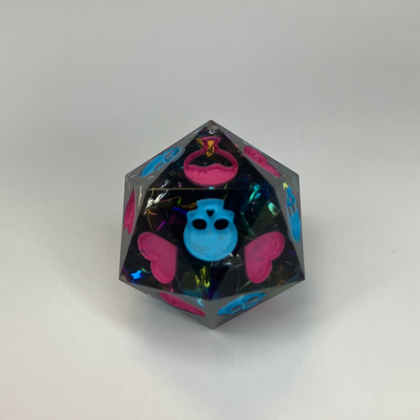 d20 with skulls and hearts for dungeons and dragons death save rolls