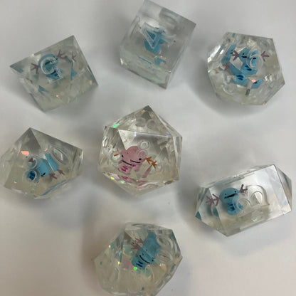 Crystal Clear dice with hand painted woopers